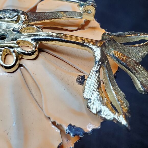 VTG Signed CORO Trembler Brooch AB Rhinestones Gold Tone Enamel Peach Poppy 3" - Picture 11 of 16